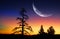 Pine Trees and Sunrise with Moon