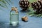 Pine turpentine essential oil in glass bottle