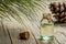 Pine turpentine essential oil in glass bottle