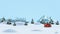 Pine winter forest, silhouette city, snowy mountain and red vintage car carrying Christmas tree