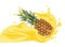 Pineapple 3d vector with realistic splash design elements. Packaging splashing falling ananas for