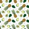 Pineapple avocado, half avocado, fruit blossom. Vector seamless pattern, print of pineapple, avocado, flowers