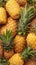 Pineapple background ripe fruit stacked at market counter, supermarket scene