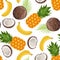 Pineapple, banana and coconut seamless pattern. Tropical fruits on a white background.