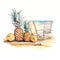 Pineapple on Beach bed on White background Water color Graphic Illustration