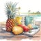 Pineapple on Beach bed on White background Water color Graphic Illustration