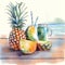 Pineapple on Beach bed on White background Water color Graphic Illustration