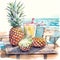 Pineapple on Beach bed on White background Water color Graphic Illustration