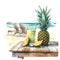 Pineapple on Beach bed on White background Water color Graphic Illustration