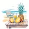 Pineapple on Beach bed on White background Water color Graphic Illustration