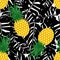 Pineapple with black tropical leaves seamless pattern.