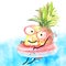 Pineapple character in pink sunglasses swimming in rubber ring