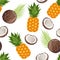 Pineapple and coconut seamless pattern. Tropical fruits and green palm leaves isolated on white.