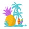 Pineapple with coconut trees, surf board and water splash