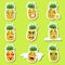 Pineapple Cute Emoji Stickers Set On Green Background
