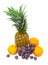 Pineapple, dark grapes and tangerines isolated on a white backg