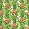 Pineapple with green leaves tropical fruit growing in a farm. Pineapple drawing markers seamless pattern on a white background. Co