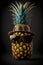 Pineapple in hat with sunglasses on black background, AI generative