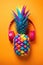 A pineapple with headphones and a pair of headphones, vibrant pop art image.
