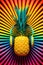 A pineapple with headphones sitting on top of it, vibrant pop art image.