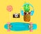 Pineapple with headphones sunglasses lollipop caramel vintage camera skateboard over colorful yellow