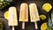 Pineapple ice cream popsicles on wooden background. Top view Generative AI
