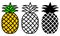 Pineapple icon color, outline and silhouette set. Ananas vector illustration isolated on white background