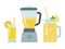 Pineapple juice in a glass, pineapple juice in a blender and yellow cocktail in a jar vector flat isolated
