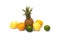 Pineapple with lemon and lime and oranges on a white background. Group of citrus fruits close-up. Lime green, pineapple, orange or