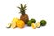 Pineapple with lemon and lime and oranges on a white background. Group of citrus fruits close-up. Lime green, pineapple, orange or