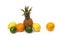 Pineapple with lemon and lime and oranges on a white background. Group of citrus fruits close-up. Lime green, pineapple, orange or