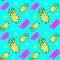 Pineapple multicolored seamless pattern. Bright, contrasting combinations of pink, yellow and turquoise.