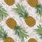 Pineapple pattern. Seamless tropical background with pineapples, palm leaves and flowers. Vector