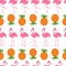 Pineapple Pink flamingo set. Seamless Pattern Wrapping paper, textile template. Exotic tropical bird. Zoo animal kids collection.