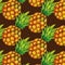 Pineapple ripe fruit whole with leafs closeup isolated on brown background. Seamless watercolor pattern
