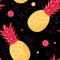 Pineapple seamless pattern. Stylized pineapple on black background