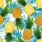 Pineapple seamless pattern whole and in longitudinal section with palm leaves on white background. Summer background.