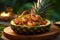 Pineapple shrimp fried rice on a pineapple boat platter Thailand boat Ai generative