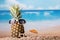 Pineapple with sunglasses near little hearts on the sandy beach