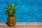 Pineapple with Swimming Pool on background. Tropical vacation concept. Exotic tropical background.