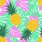 Pineapple with tropical leaves seamless pattern. Cute vector pineapple pattern.