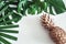 Pineapple with tropical leaves on white background