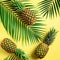 Pineapple and tropical palm leaves on yellow background. Top view. Summer concept. Creative flat lay with copy space.