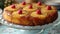 Pineapple upside-down cake with cherries on a glass serving plate