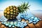 Pineapple in water with ice cubes. fresh summer background