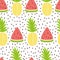 Pineapple watermelon simple seamless background in fresh fruit summer colors