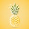 Pineapple with white outline gold surface. Yellow ripe fruit with fluffy scales and green bunch.