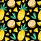 Pineapples and Coconuts drawings seamless pattern. Summer tropical fruits hand drawn texture on dark background.