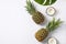 Pineapples, coconuts and palm leaves on white background