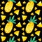 Pineapples drawings seamless pattern on dark background.